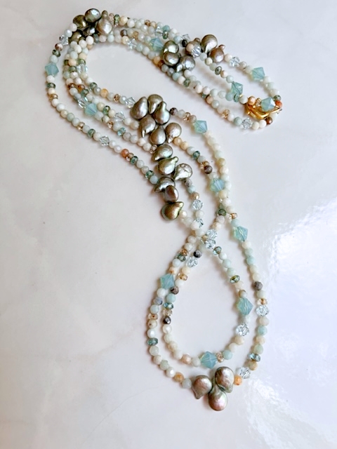Amazonite, Austrian Crystal, Pearl Rope Necklace